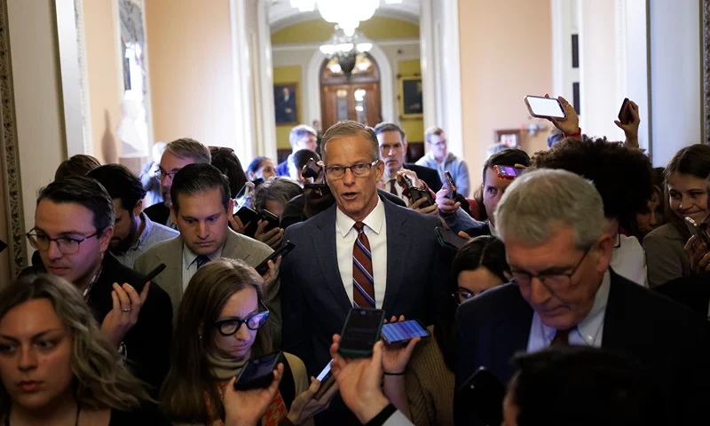 WASHINGTON, DC - NOVEMBER 10: Senate Majority Leader John Thune (R-SD) speaks to reporters while walking to his office on November 10, 2025 on Capitol Hill in Washington, DC. The Senate reached a deal late Sunday to fund the Government, aiming to end the longest shutdown in history. (Photo by Tom Brenner/Getty Images)