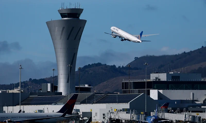 SAN FRANCISCO, CALIFORNIA - NOVEMBER 07: A United Airlines plane takes off from San Francisco International Airport (SFO) on November 07, 2025 in San Francisco, California. The FAA (Federal Aviation Administration) is reducing flights by 10 percent at 40 major airports nationwide, including SFO, beginning Friday amid air traffic control staffing shortages resulting from the federal government shutdown. (Photo by Justin Sullivan/Getty Images)