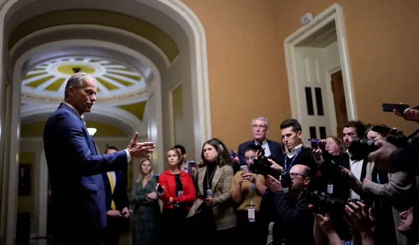 WASHINGTON, DC - NOVEMBER 10: U.S. Senate Majority Leader John Thune (R-SD) speaks to reporters outside the Senate Chamber after the Senate passed legislation to reopen the government on November 10, 2025 on Capitol Hill in Washington, DC. The Senate reached a deal late Sunday to fund the government, aiming to end the longest shutdown in history. (Photo by Andrew Harnik/Getty Images)