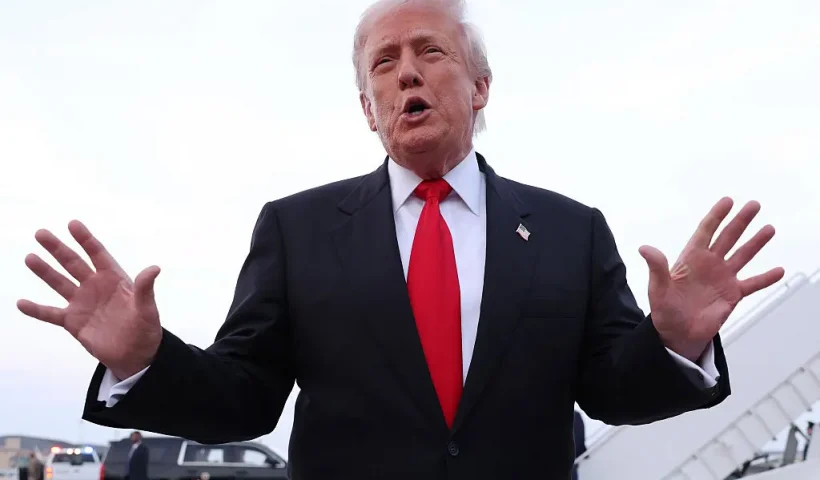 JOINT BASE ANDREWS, MARYLAND - NOVEMBER 09: U.S. President Donald Trump gives brief remarks to members of the press after exiting Air Force One on November 9, 2025 at Joint Base Andrews, Maryland. Trump spent the weekend at his Mar-A-Lago estate in Palm Beach, Florida. (Photo by Tasos Katopodis/Getty Images)