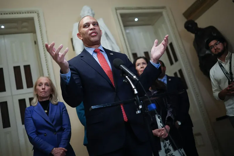 WASHINGTON, DC - NOVEMBER 11: House Minority Leader Hakeem Jeffries (D-NY) speaks during a press conference at the U.S. Capitol November 11, 2025 in Washington, DC. Jeffries responded to a vote in the Senate late last night to fund the federal government that aims to end the longest shutdown in history, when the House of Representatives is expected to vote on the legislation tomorrow. (Photo by Win McNamee/Getty Images)