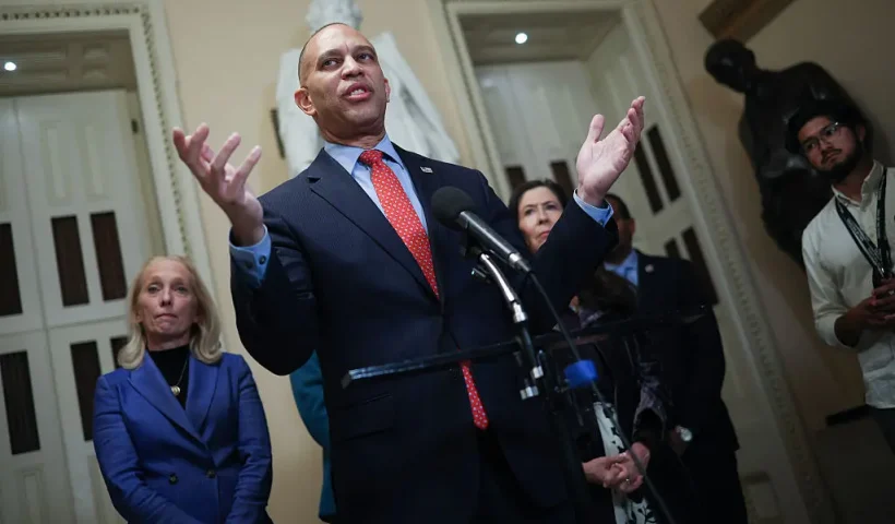 WASHINGTON, DC - NOVEMBER 11: House Minority Leader Hakeem Jeffries (D-NY) speaks during a press conference at the U.S. Capitol November 11, 2025 in Washington, DC. Jeffries responded to a vote in the Senate late last night to fund the federal government that aims to end the longest shutdown in history, when the House of Representatives is expected to vote on the legislation tomorrow. (Photo by Win McNamee/Getty Images)