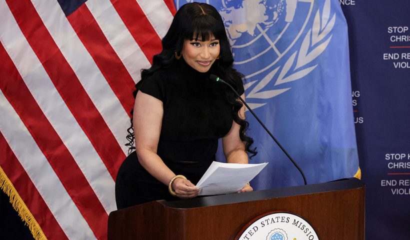 Trinidadian-US rapper Nicki Minaj speaks during the panel discussion "Combatting Religious Violence and the Killing of Christians in Nigeria" at the US Mission to the United Nations in New York City, on November 18, 2025. (Photo by ANGELA WEISS / AFP) (Photo by ANGELA WEISS/AFP via Getty Images)