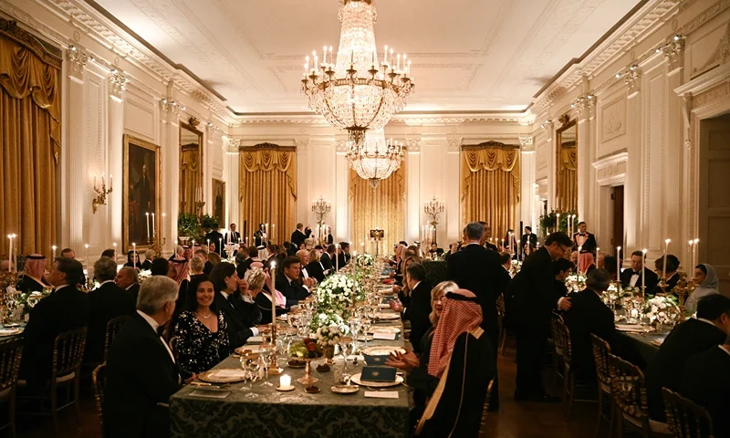 Guests gather for an official dinner with US President Donald Trump and Crown Prince and Prime Minister of the Kingdom of Saudi Arabia Mohammed bin Salman in the East Room of the White House in Washington, DC on November 18, 2025. (Photo by Brendan SMIALOWSKI / AFP) (Photo by BRENDAN SMIALOWSKI/AFP via Getty Images)