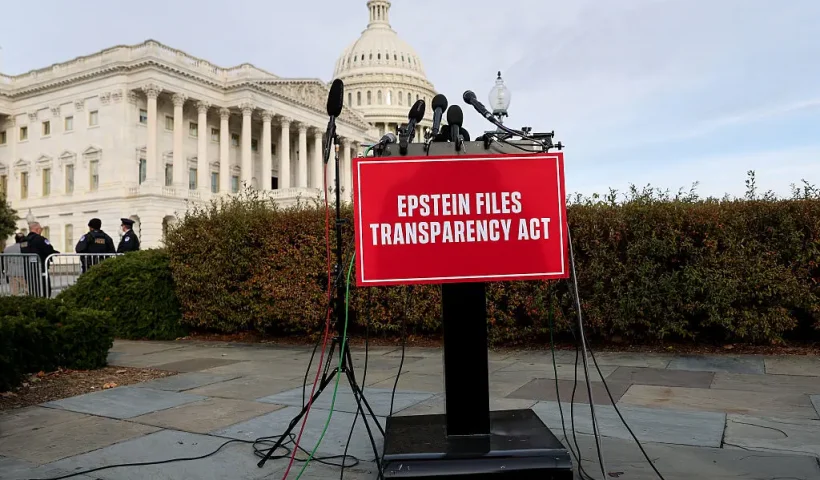 WASHINGTON, DC - NOVEMBER 18: A podium is seen prior to a news conference on the Epstein Files Transparency Act outside the U.S. Capitol on November 18, 2025 in Washington, DC. The House is expected to vote today on the legislation, which instructs the U.S. Department of Justice to release all files related to the late accused sex trafficker Jeffrey Epstein. (Photo by Anna Moneymaker/Getty Images)