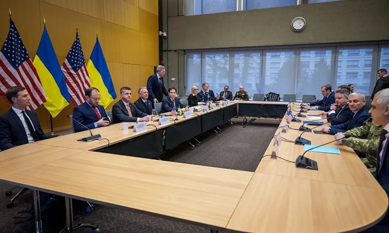 US Secretary of State Marco Rubio (5th L), US special envoy Steve Witkoff (4th L), US Secretary of the Army Daniel Driscoll (taking his seat) and US President Donald Trump's son-in-law Jared Kushner (L) face the Ukrainian delegation during discussions on a US plan to end the war in Ukraine at the US Mission in Geneva, on November 23, 2025. US Secretary of State Marco Rubio arrived in Geneva on November 23, 2025 morning for discussions on a US plan to end the Ukraine war, after Washington signalled room for negotiation on the controversial proposal. Ukrainian, European and Canadian officials were also gathering in the Swiss city. (Photo by Fabrice COFFRINI / AFP via Getty Images)