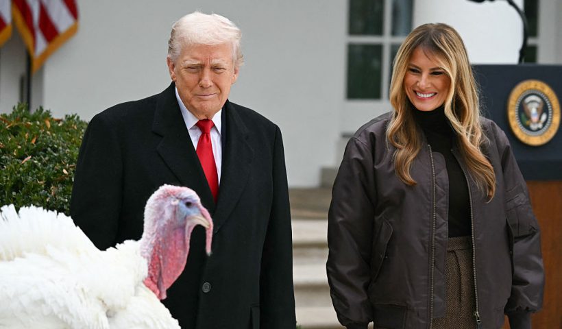First Lady Melania Trump looks on as US President Donald Trump prepares to pardon Gobble, one of the National Thanksgiving turkeys, during the White House turkey pardon ceremony in the Rose Garden of the White House in Washington, DC on November 25, 2025. (Photo by ANDREW CABALLERO-REYNOLDS / AFP via Getty Images)