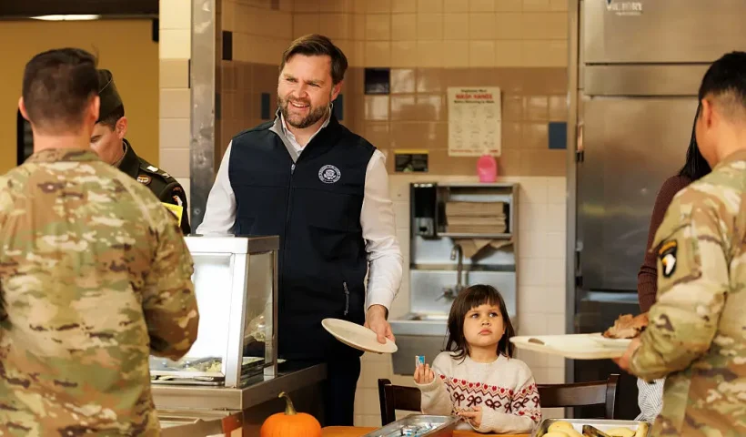FORT CAMPBELL, TENNESSEE - NOVEMBER 26: U.S. Vice President JD Vance serves members of the 101st Airborne Division at Fort Campbell on November 26, 2025 in Fort Campbell, Tennessee. (Photo by Brett Carlsen/Getty Images)