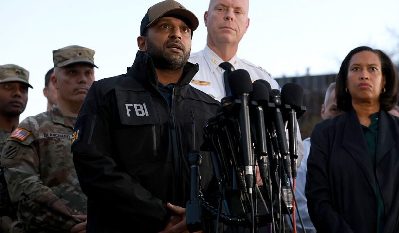 WASHINGTON, DC - NOVEMBER 26: (L-R) FBI Director Kash Patel, Executive Assistant Chief of the Washington Metropolitan Police Department Jeffery Carroll and Washington, DC Mayor Muriel Bowser speak to the media following the shooting of two National Guard soldiers near the White House on November 26, 2025 in Washington, DC. Two members of the West Virginia National Guard were shot near the White House Wednesday afternoon in what authorities are calling a targeted shooting. (Photo by Anna Moneymaker/Getty Images)