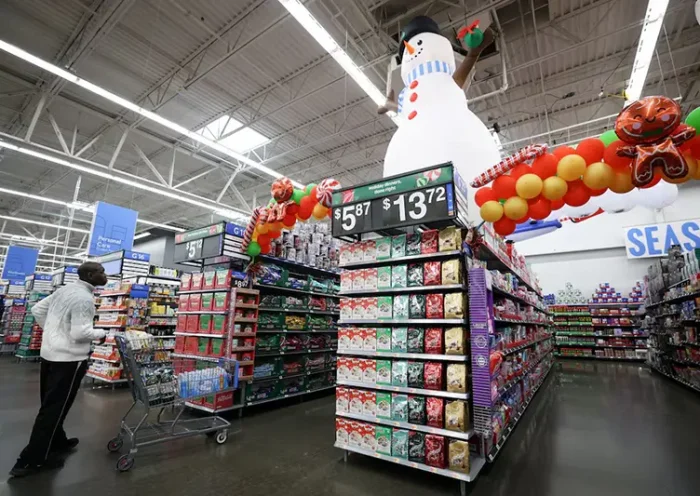 Holiday decorations are displayed at a Walmart Supercenter retail store in North Bergen, New Jersey, November 21, 2025. REUTERS/Mike Segar