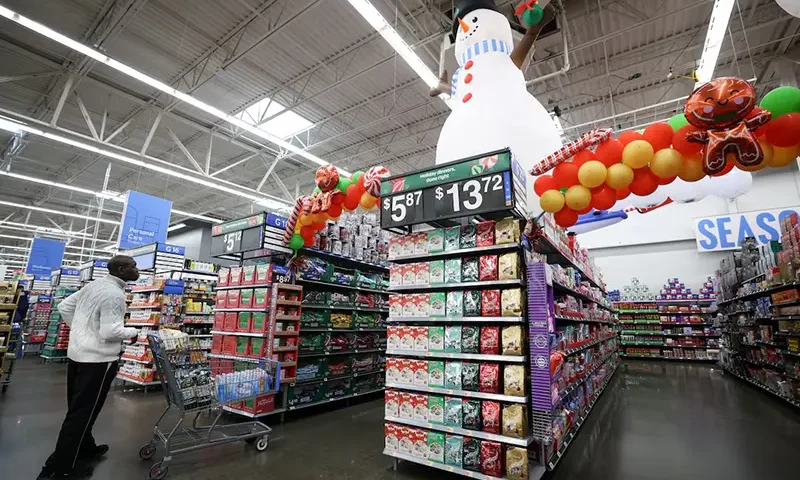 Holiday decorations are displayed at a Walmart Supercenter retail store in North Bergen, New Jersey, November 21, 2025. REUTERS/Mike Segar