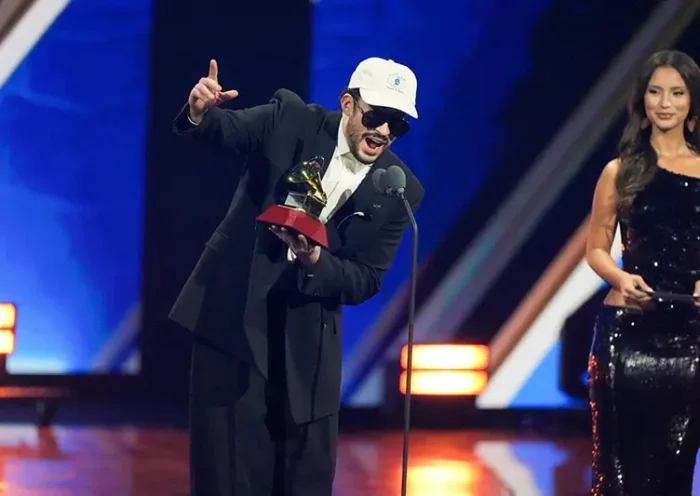 Bad Bunny accepts the award for Album of the Year during the 2025 Latin Grammys on Thursday, Nov. 13, 2025, at MGM Grand in Las Vegas. (AP Photo/Chris Pizzello)