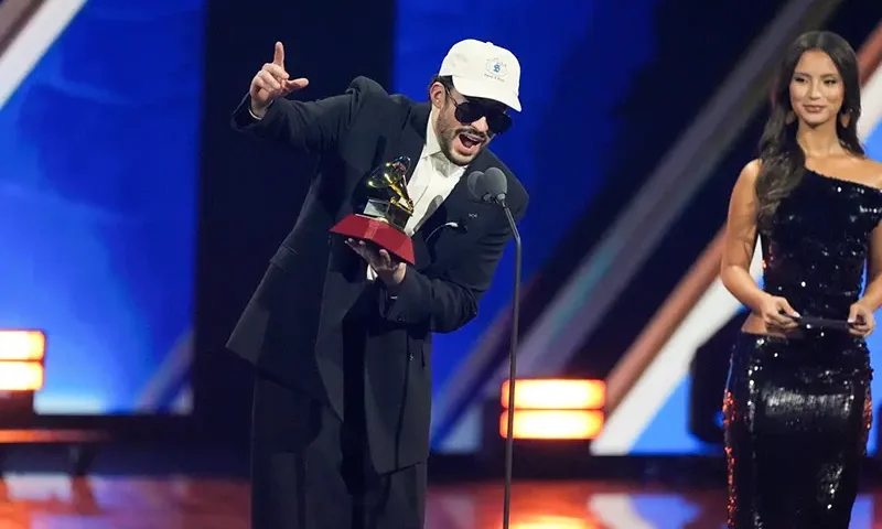 Bad Bunny accepts the award for Album of the Year during the 2025 Latin Grammys on Thursday, Nov. 13, 2025, at MGM Grand in Las Vegas. (AP Photo/Chris Pizzello)