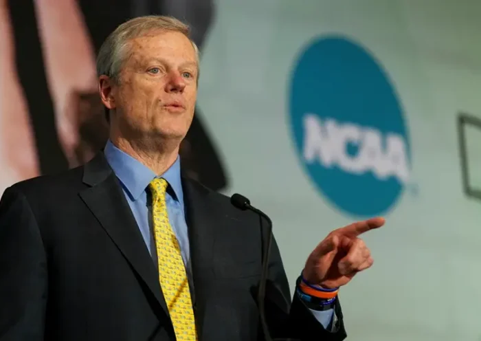 NCAA President Charlie Baker speaks during the Division I Business Session at the annual NCAA convention, Jan. 15, 2025, in Nashville, Tenn. (AP Photo/George Walker IV, File)