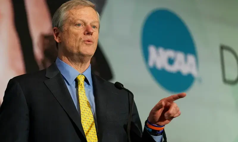 NCAA President Charlie Baker speaks during the Division I Business Session at the annual NCAA convention, Jan. 15, 2025, in Nashville, Tenn. (AP Photo/George Walker IV, File)