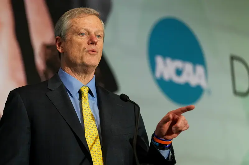 NCAA President Charlie Baker speaks during the Division I Business Session at the annual NCAA convention, Jan. 15, 2025, in Nashville, Tenn. (AP Photo/George Walker IV, File)