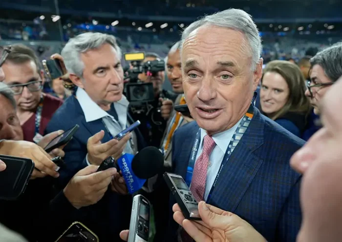 MLB commissioner Rob Manfred speaks prior to Game 2 of baseball’s World Series between the Toronto Blue Jays and the Los Angeles Dodgers, Saturday, Oct. 25, 2025, in Toronto. (AP Photo/David J. Phillip)
