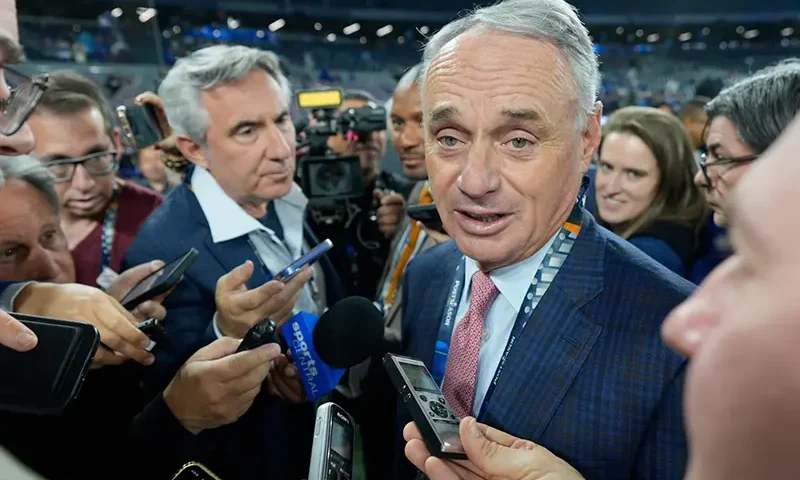 MLB commissioner Rob Manfred speaks prior to Game 2 of baseball’s World Series between the Toronto Blue Jays and the Los Angeles Dodgers, Saturday, Oct. 25, 2025, in Toronto. (AP Photo/David J. Phillip)