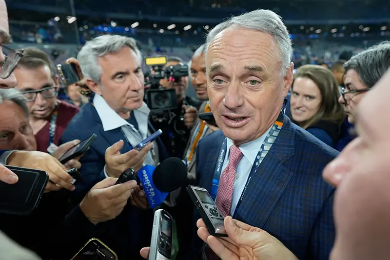MLB commissioner Rob Manfred speaks prior to Game 2 of baseball’s World Series between the Toronto Blue Jays and the Los Angeles Dodgers, Saturday, Oct. 25, 2025, in Toronto. (AP Photo/David J. Phillip)