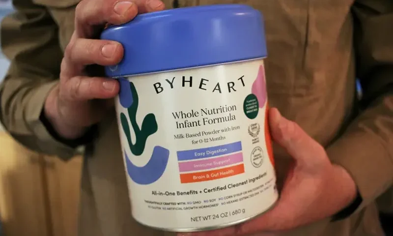 A container of ByHeart baby formula, which was recently recalled by ByHeart, in Flagstaff, Ariz., on Wednesday, Nov. 12, 2025. (AP Photo/Cheyanne Mumphrey)
