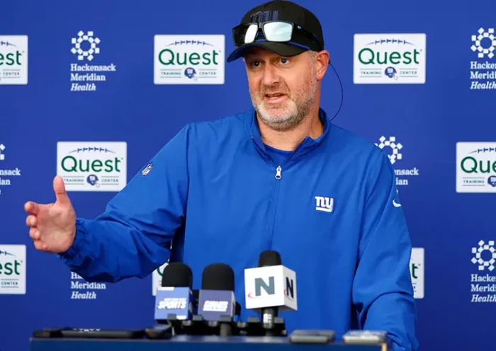 New York Giants defensive coordinator Shane Bowen talks to reporters before NFL football practice in East Rutherford, N.J., Thursday, June 5, 2025. (AP Photo/Noah K. Murray, file)