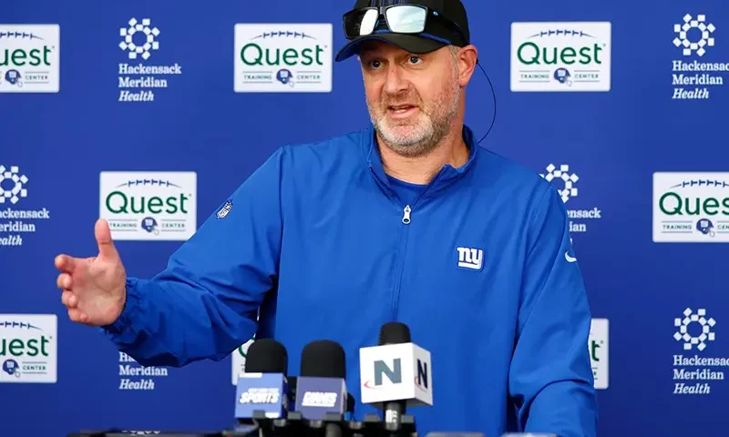 New York Giants defensive coordinator Shane Bowen talks to reporters before NFL football practice in East Rutherford, N.J., Thursday, June 5, 2025. (AP Photo/Noah K. Murray, file)