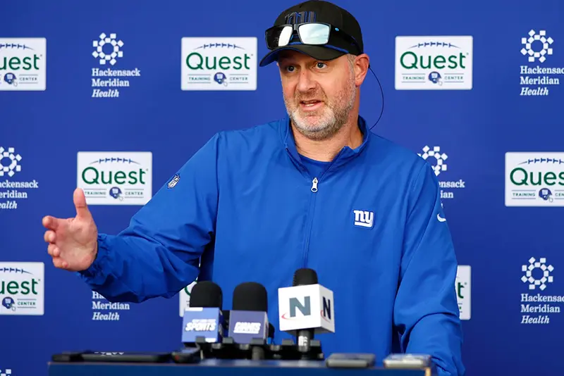 New York Giants defensive coordinator Shane Bowen talks to reporters before NFL football practice in East Rutherford, N.J., Thursday, June 5, 2025. (AP Photo/Noah K. Murray, file)