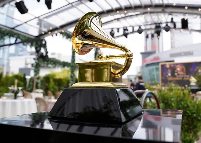 A decorative Grammy Award is displayed before the start of the 63rd annual Grammy Awards in Los Angeles on March 14, 2021. (AP Photo/Chris Pizzello, File)