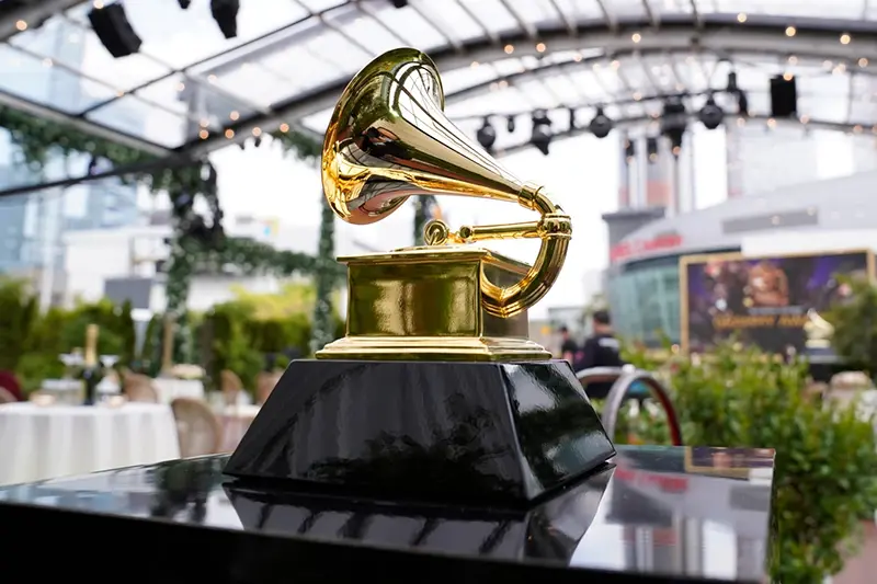 A decorative Grammy Award is displayed before the start of the 63rd annual Grammy Awards in Los Angeles on March 14, 2021. (AP Photo/Chris Pizzello, File)