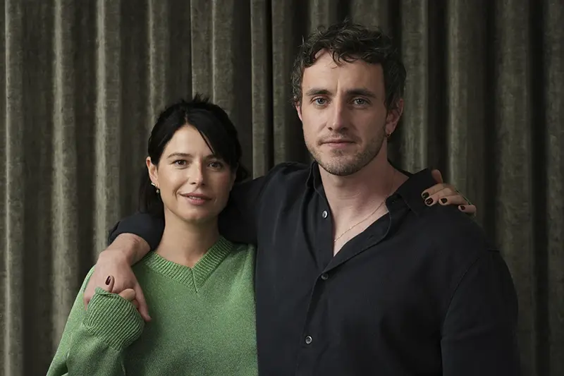 Jessie Buckley, left, and Paul Mescal, cast members in the film “Hamnet,” pose for a portrait during the Toronto International Film Festival on Sept. 7, 2025. (AP Photo/Chris Pizzello)