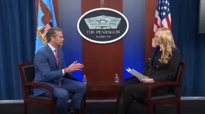 Pentagon Correspondent, Alexandra Ingersoll, during a sit-down interview with Secretary of War Pete Hegseth. Photo: perception.tv