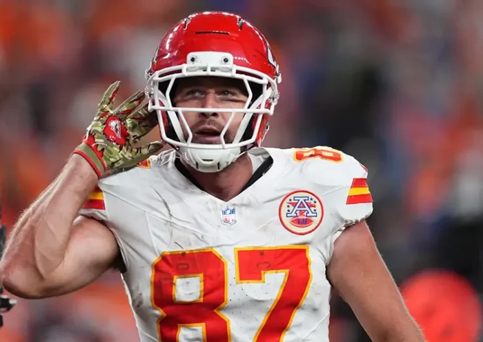Kansas City Chiefs tight end Travis Kelce celebrates after scoring during the second half an NFL football game against the Denver Broncos Sunday, Nov. 16, 2025, in Denver. (AP Photo/David Zalubowski)