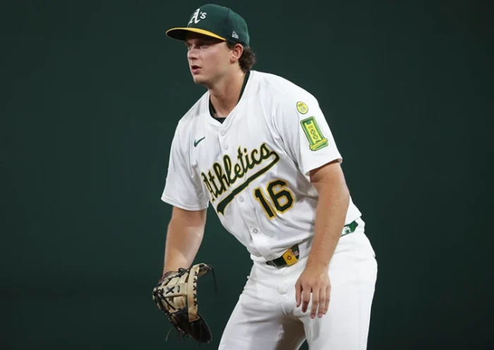 Athletics first baseman Nick Kurtz waits for the pitch during the fourth inning of a baseball game against the Houston Astros, Tuesday, Sept. 23, 2025, in West Sacramento, Calif. (AP Photo/Scott Marshall, file)