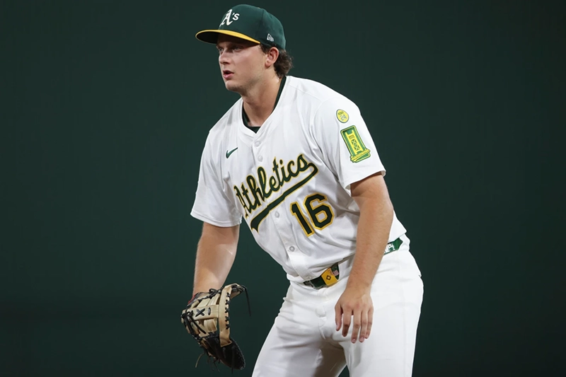 Athletics first baseman Nick Kurtz waits for the pitch during the fourth inning of a baseball game against the Houston Astros, Tuesday, Sept. 23, 2025, in West Sacramento, Calif. (AP Photo/Scott Marshall, file)