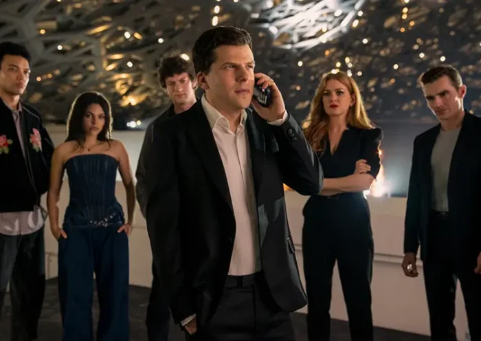 This image released by Lionsgate shows, from left, Justice Smith, Ariana Greenblatt, Dominic Sessa, Jesse Eisenberg, Isla Fisher and Dave Franco in a scene from “Now You See Me: Now You Don’t.” (Katalin Vermes/Lionsgate via AP)