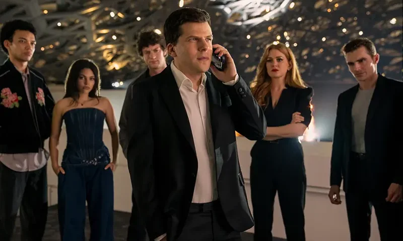 This image released by Lionsgate shows, from left, Justice Smith, Ariana Greenblatt, Dominic Sessa, Jesse Eisenberg, Isla Fisher and Dave Franco in a scene from “Now You See Me: Now You Don’t.” (Katalin Vermes/Lionsgate via AP)