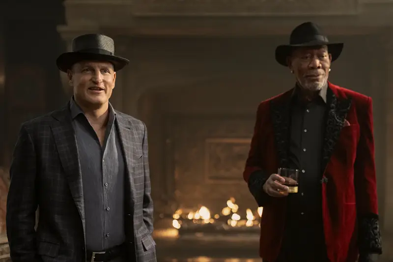 This image released by Lionsgate shows Woody Harrelson, left, and Morgan Freeman in a scene from “Now You See Me: Now You Don’t.” (Katalin Vermes/Lionsgate via AP)