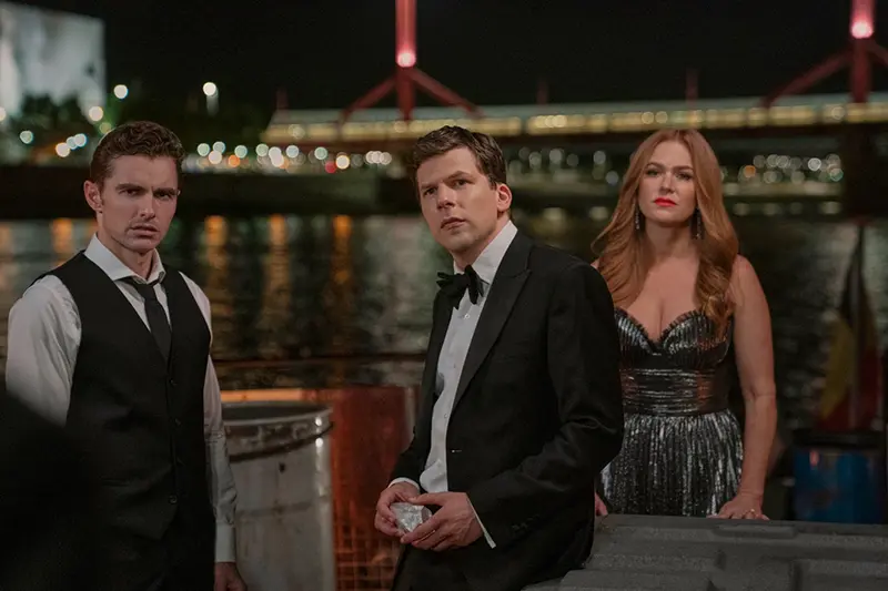 This image released by Lionsgate shows Dave Franco, from left, Jesse Eisenberg and Isla Fisher in a scene from “Now You See Me: Now You Don’t.” (Katalin Vermes/Lionsgate via AP)