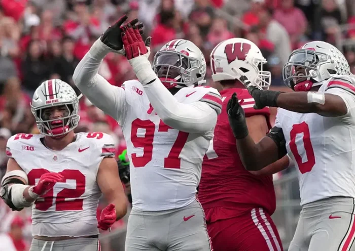 Ohio State’s Kenyatta Jackson Jr. reacts after sacking Wisconsin quarterback Danny O’Neil during the second half of an NCAA college football game Saturday, Oct. 18, 2025, in Madison, Wis. (AP Photo/Morry Gash)