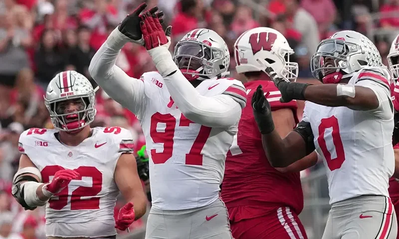 Ohio State’s Kenyatta Jackson Jr. reacts after sacking Wisconsin quarterback Danny O’Neil during the second half of an NCAA college football game Saturday, Oct. 18, 2025, in Madison, Wis. (AP Photo/Morry Gash)