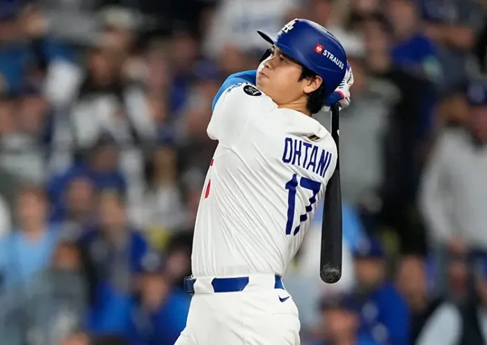 Los Angeles Dodgers’ Shohei Ohtani watches his home run against the Toronto Blue Jays during the seventh inning in Game 3 of baseball’s World Series, Monday, Oct. 27, 2025, in Los Angeles. (AP Photo/Brynn Anderson, File)