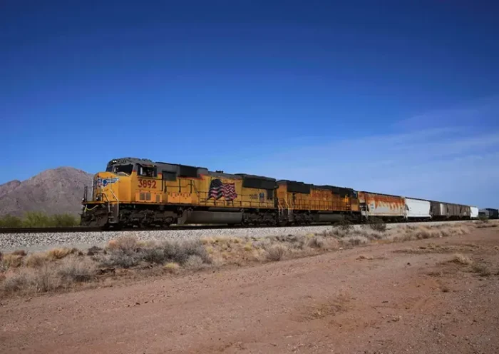 A Union Pacific freight train travels along the tracks April 17, 2025, in Eloy, Ariz. (AP Photo/Ross D. Franklin, File)