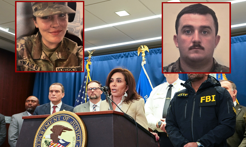 WASHINGTON, DC - NOVEMBER 27: US Attorney for the District of Columbia Jeanine Pirro, D.C. Mayor Muriel Bowser, FBI Director Kash Patel, and Brigadier General Leland Blanchard of the National Guard conduct a press conference regarding the shooting of two West Virginia National Guard soldiers on November 27, 2025 in Washington, DC. Two members of the West Virginia National Guard were shot blocks from the White House in what authorities are calling a targeted shooting. (Photo by Andrew Leyden/Getty Images) / (L) 20-year-old Sarah Beckstrom. / (R) 24-year-old Andrew Wolfe. (Photos via: FBI)
