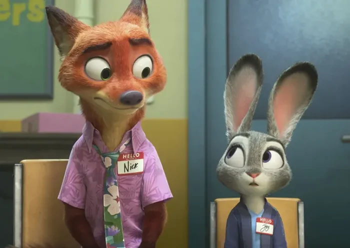 Nick Wilde, voiced by Jason Bateman, left, and Judy Hopps, voiced by Ginnifer Goodwin, in a scene from “Zootopia 2.” (Disney via AP)