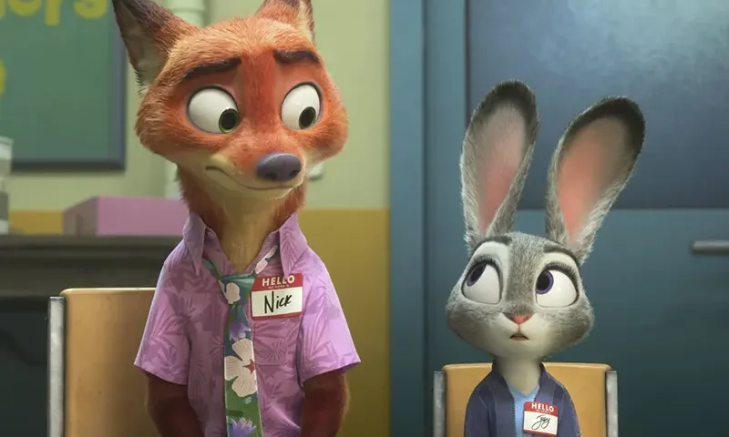Nick Wilde, voiced by Jason Bateman, left, and Judy Hopps, voiced by Ginnifer Goodwin, in a scene from “Zootopia 2.” (Disney via AP)
