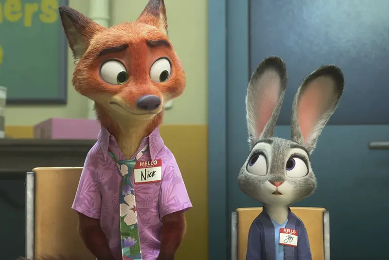 Nick Wilde, voiced by Jason Bateman, left, and Judy Hopps, voiced by Ginnifer Goodwin, in a scene from “Zootopia 2.” (Disney via AP)