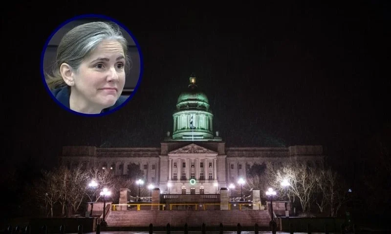 (Background) FRANKFORT, KY - JANUARY 16: The Capitol Building is seen at night during a snowstorm on January 16, 2021 in Frankfort, Kentucky. Supporters of President Trump are at state capitol buildings throughout the nation to protest the presidential election results and the upcoming inauguration of President-elect Joe Biden. (Photo by Jon Cherry/Getty Images) / (L) photo of Rep. Sarah Stock (D-Ky.) from the official Legislative Research Commission livestream