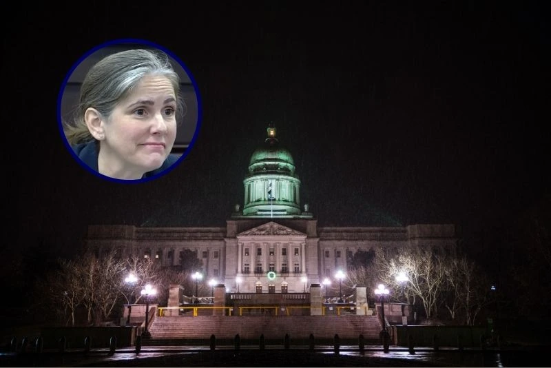 (Background) FRANKFORT, KY - JANUARY 16: The Capitol Building is seen at night during a snowstorm on January 16, 2021 in Frankfort, Kentucky. Supporters of President Trump are at state capitol buildings throughout the nation to protest the presidential election results and the upcoming inauguration of President-elect Joe Biden. (Photo by Jon Cherry/Getty Images) / (L) photo of Rep. Sarah Stock (D-Ky.) from the official Legislative Research Commission livestream