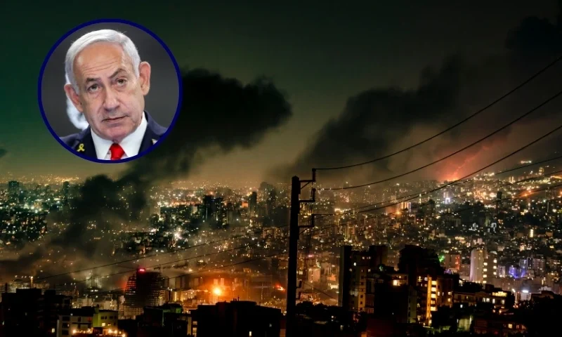 (L) Israel's Prime Minister Benjamin Netanyahu gives a press conference (ABIR SULTAN/POOL/AFP via Getty Images) / (Background) Smoke rises from locations targeted in Tehran amid the third day of Israel's waves of strikes against Iran, on Sunday, June 15, 2025. (KHOSHIRAN/Middle East Images/AFP via Getty Images)