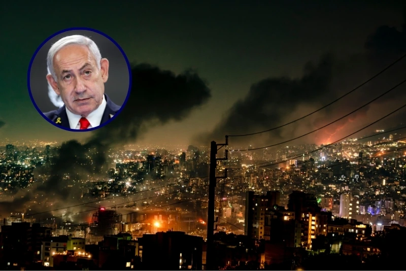 (L) Israel's Prime Minister Benjamin Netanyahu gives a press conference (ABIR SULTAN/POOL/AFP via Getty Images) / (Background) Smoke rises from locations targeted in Tehran amid the third day of Israel's waves of strikes against Iran, on Sunday, June 15, 2025. (KHOSHIRAN/Middle East Images/AFP via Getty Images)
